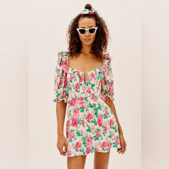 For Love & Lemons Loretta Mini Dress Floral Puff Sleeve Cutout M - Picture 1 of 10